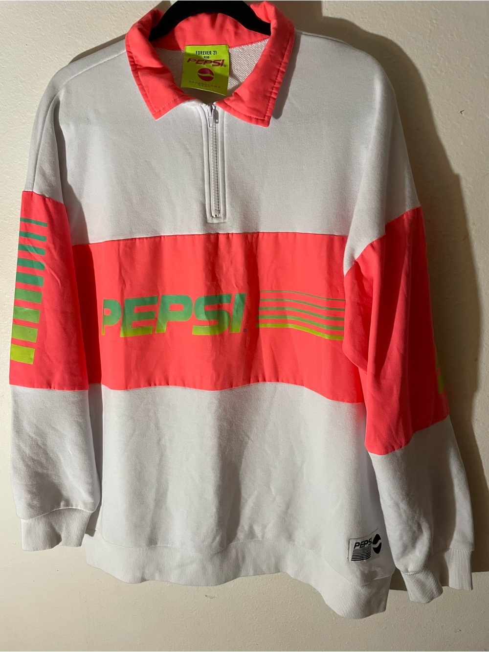 Pepsi White & Neon Coral Quarter-Zip Sweatshirt with Lime Logo